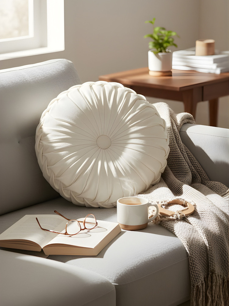 White Round Pleated Velvet Cushion