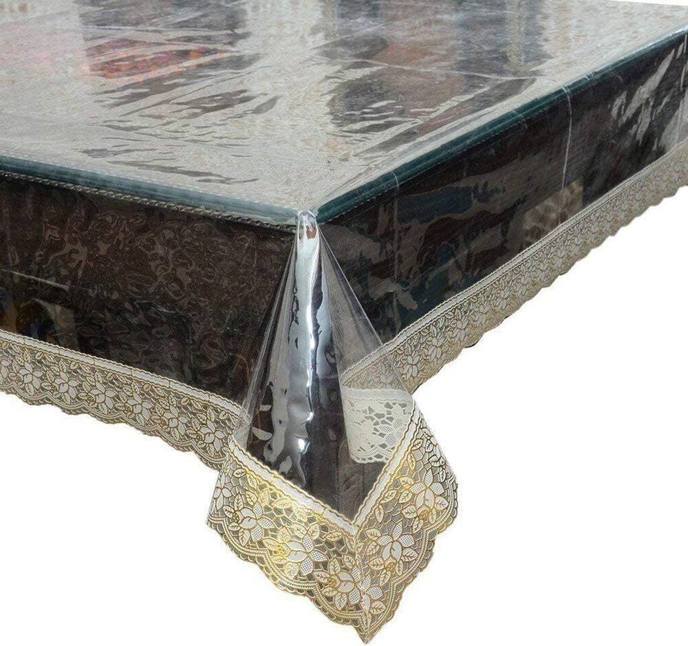 Transparent PVC Table Cover with Golden Lace Border