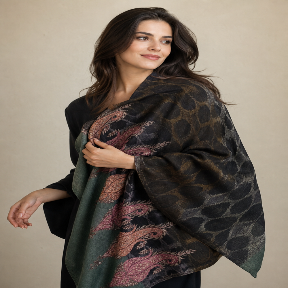 pure wool ikkat weaving with Embroidered paisley border stoles