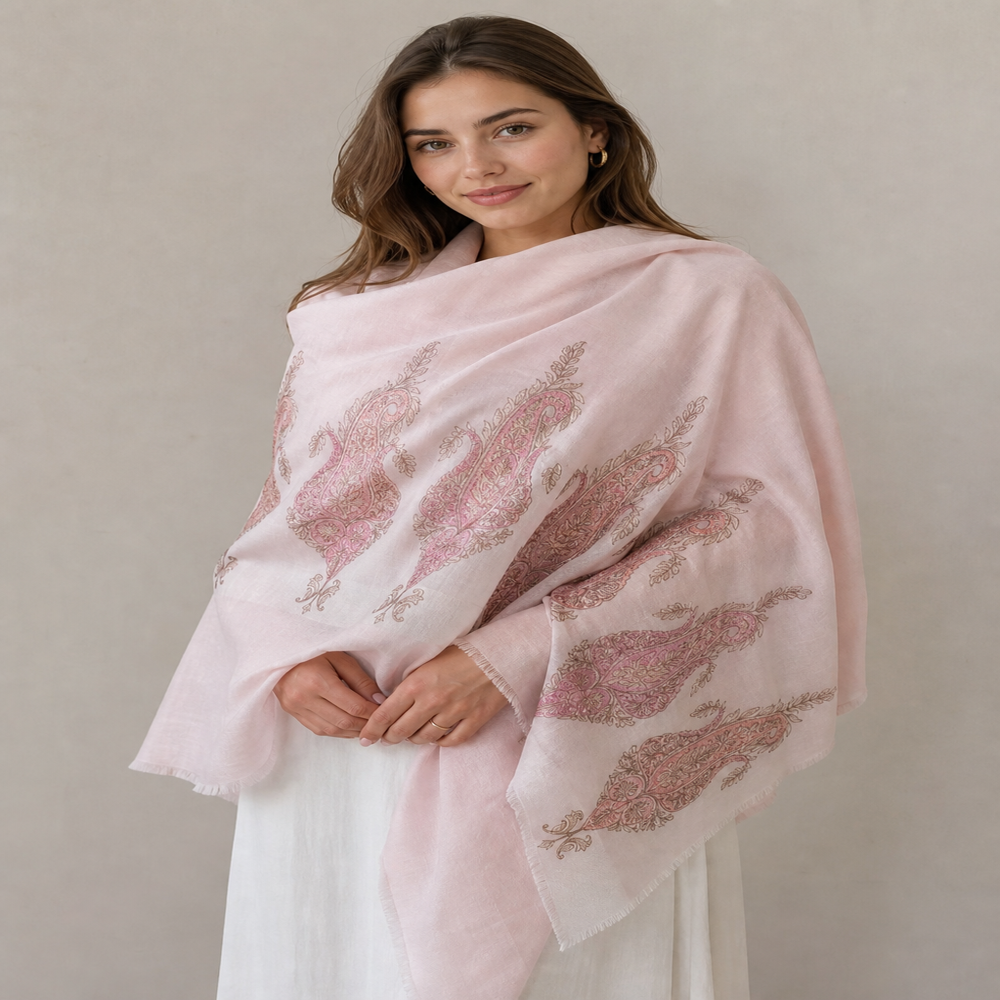 pure wool ikkat weaving with Embroidered paisley border stoles