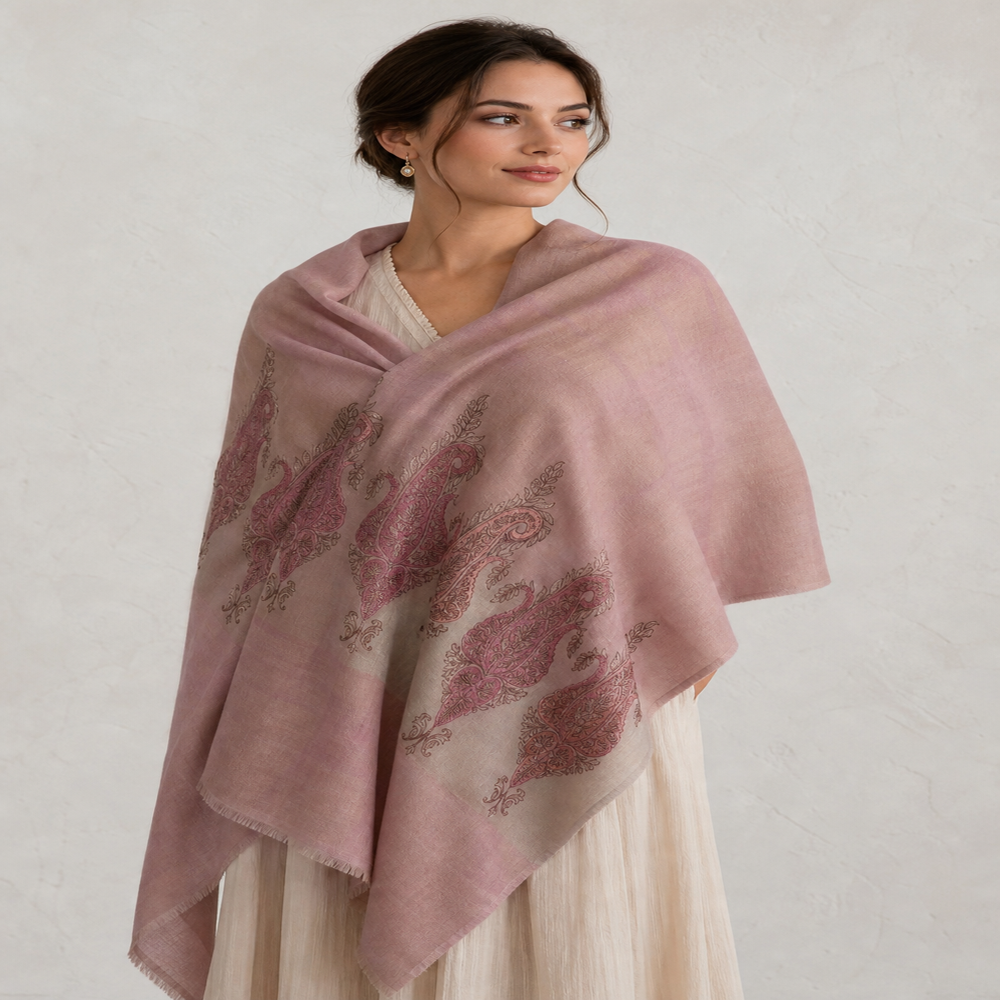 pure wool ikkat weaving with Embroidered paisley border stoles