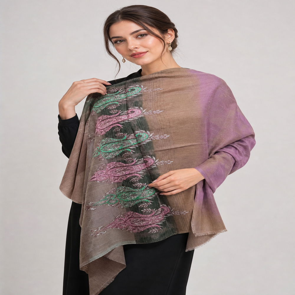 pure wool ikkat weaving with Embroidered paisley border stoles