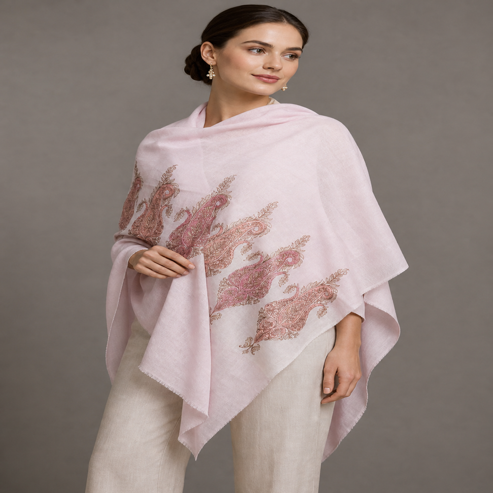 pure wool ikkat weaving with Embroidered paisley border stoles