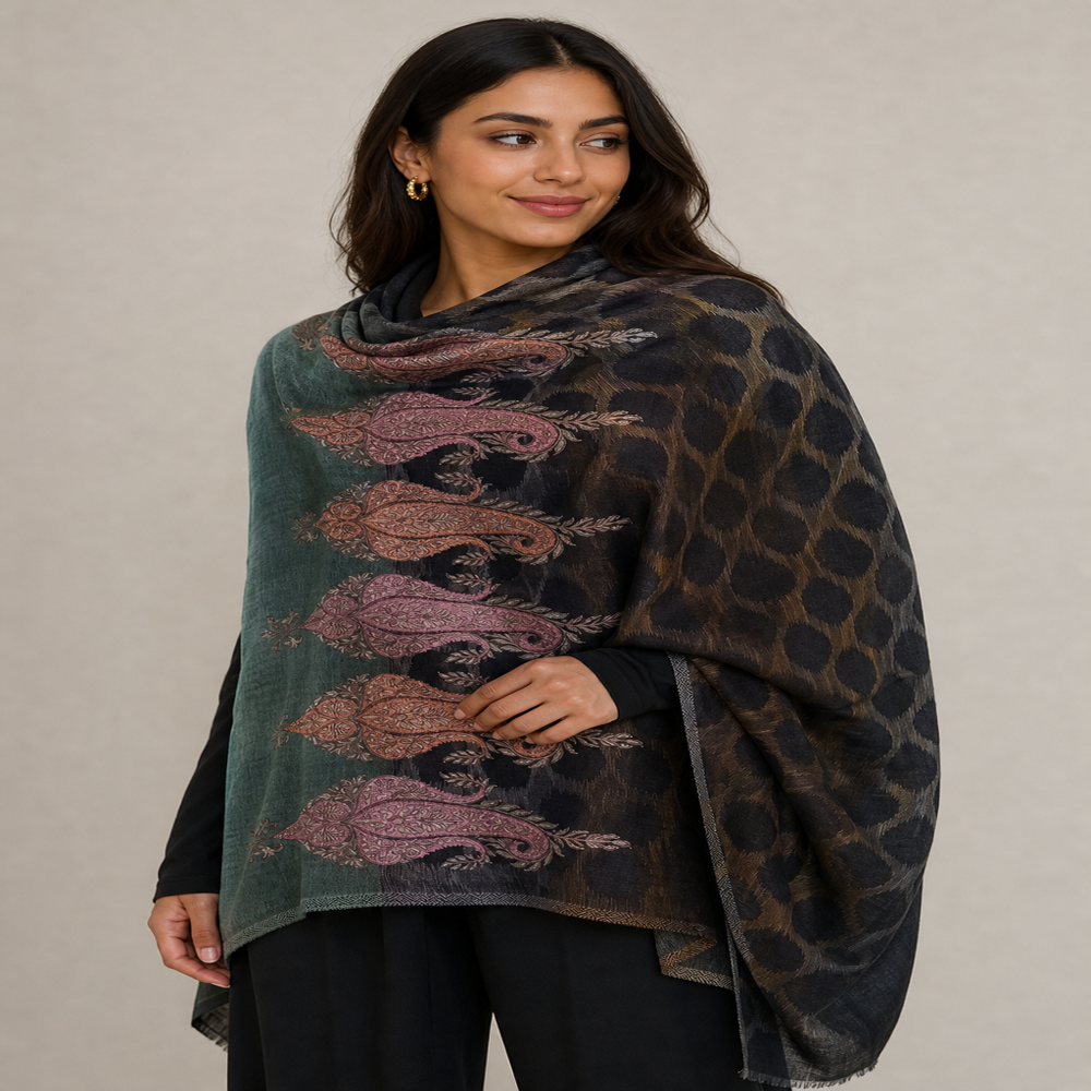 pure wool ikkat weaving with Embroidered paisley border stoles