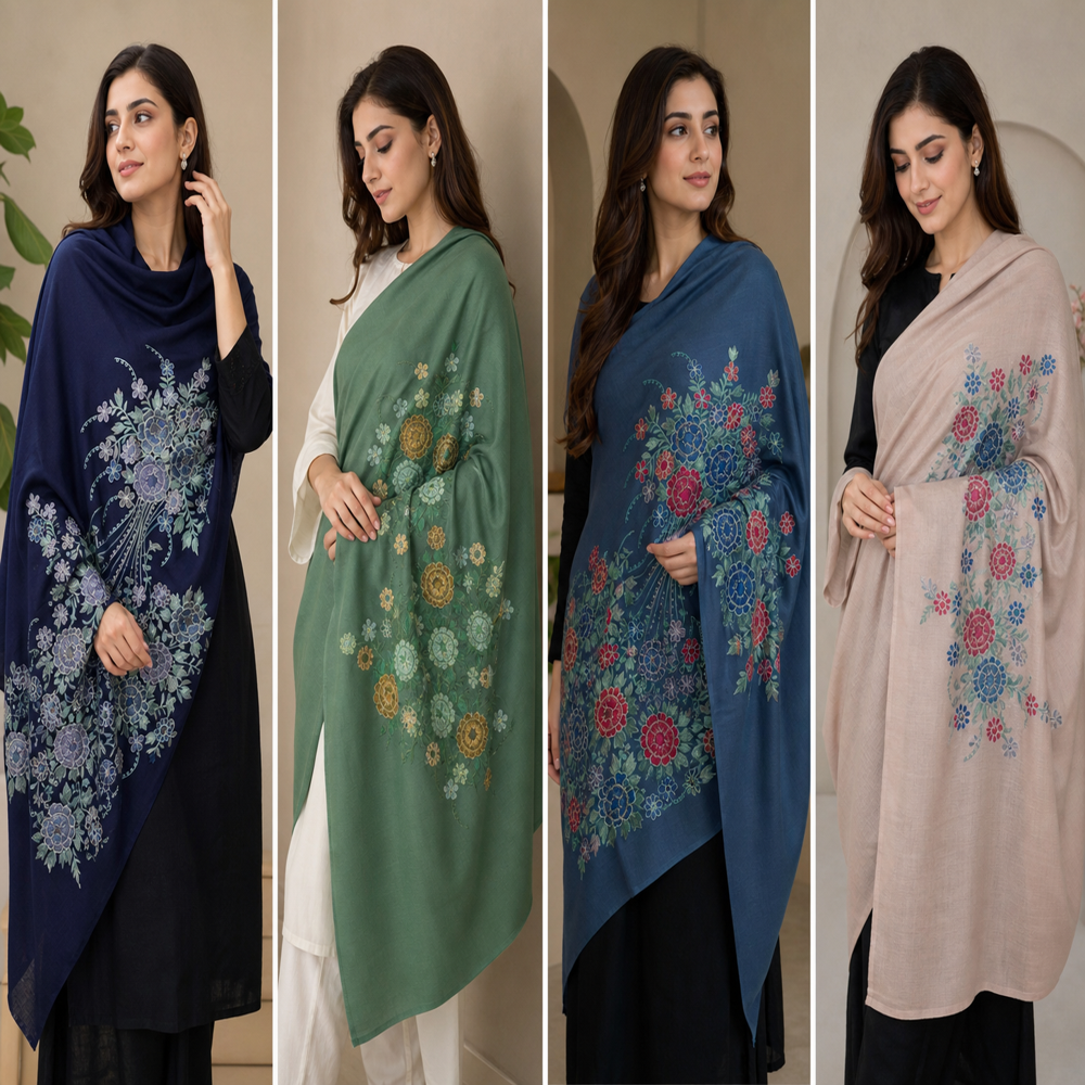 Pure Wool Embroidered Floral Design Stoles - Color: Assorted