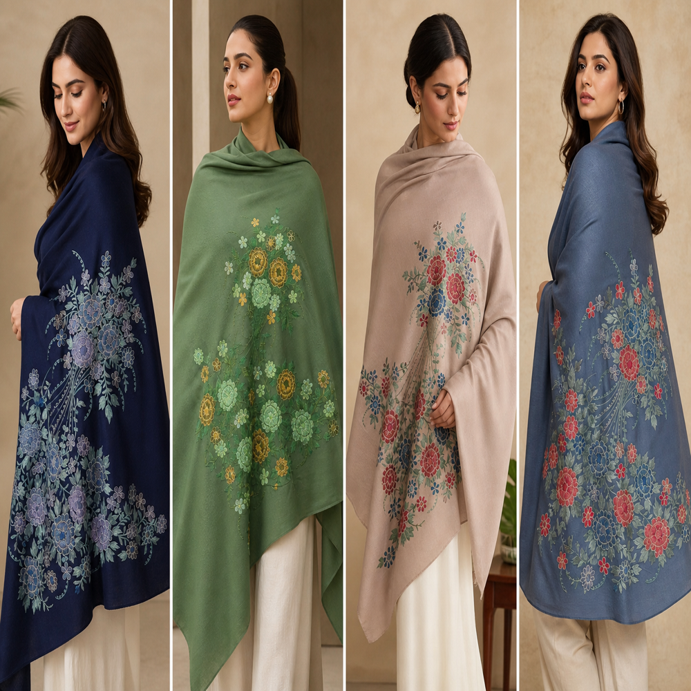 Pure wool embroidered floral design stoles
