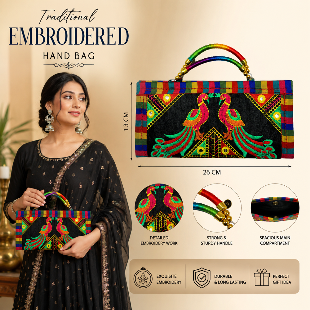 Handmade Peacock Pattern Ethnic Wallet 15 - Color: Black