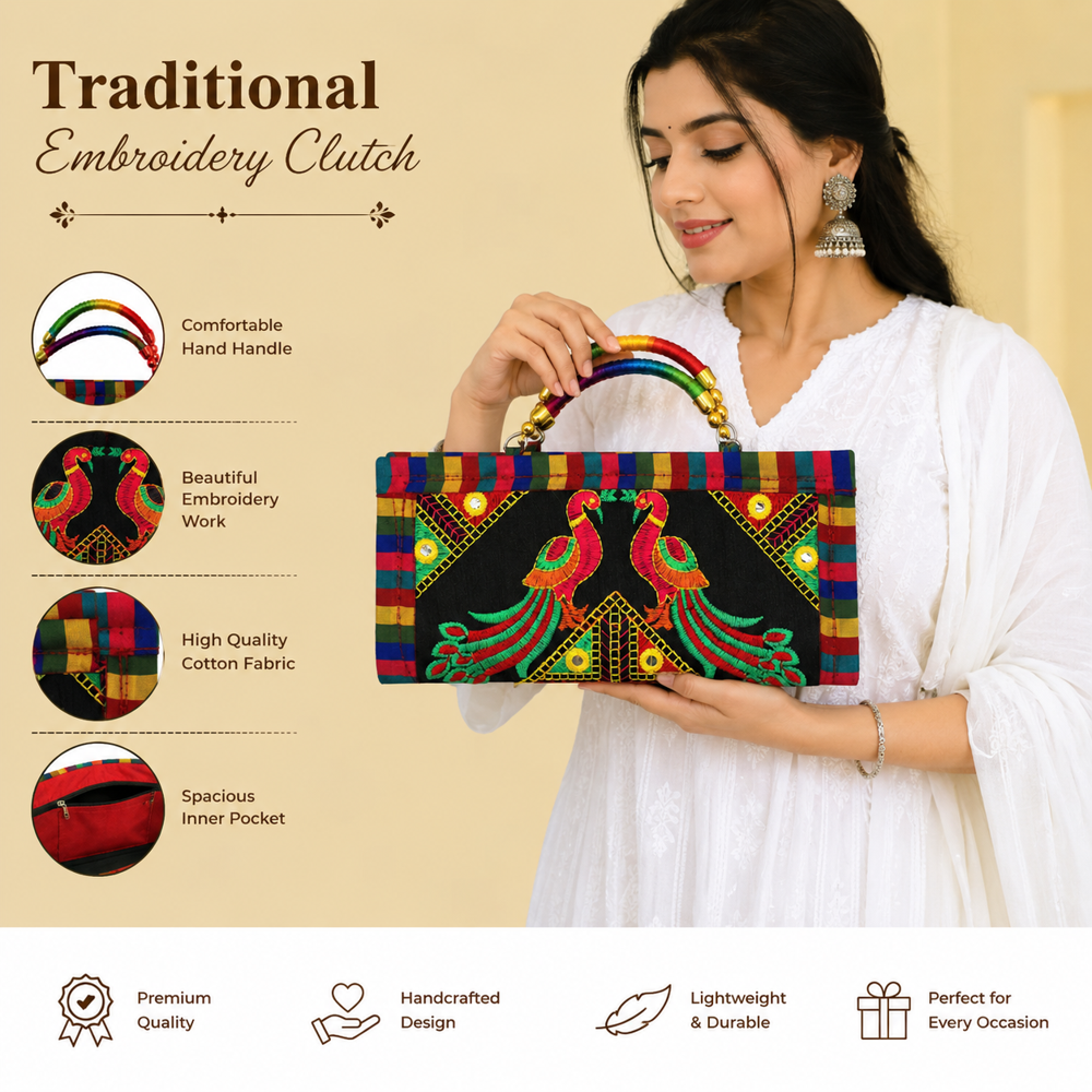 Traditional Fabric Purse With Colorful Embroidery 16 - Color: Black