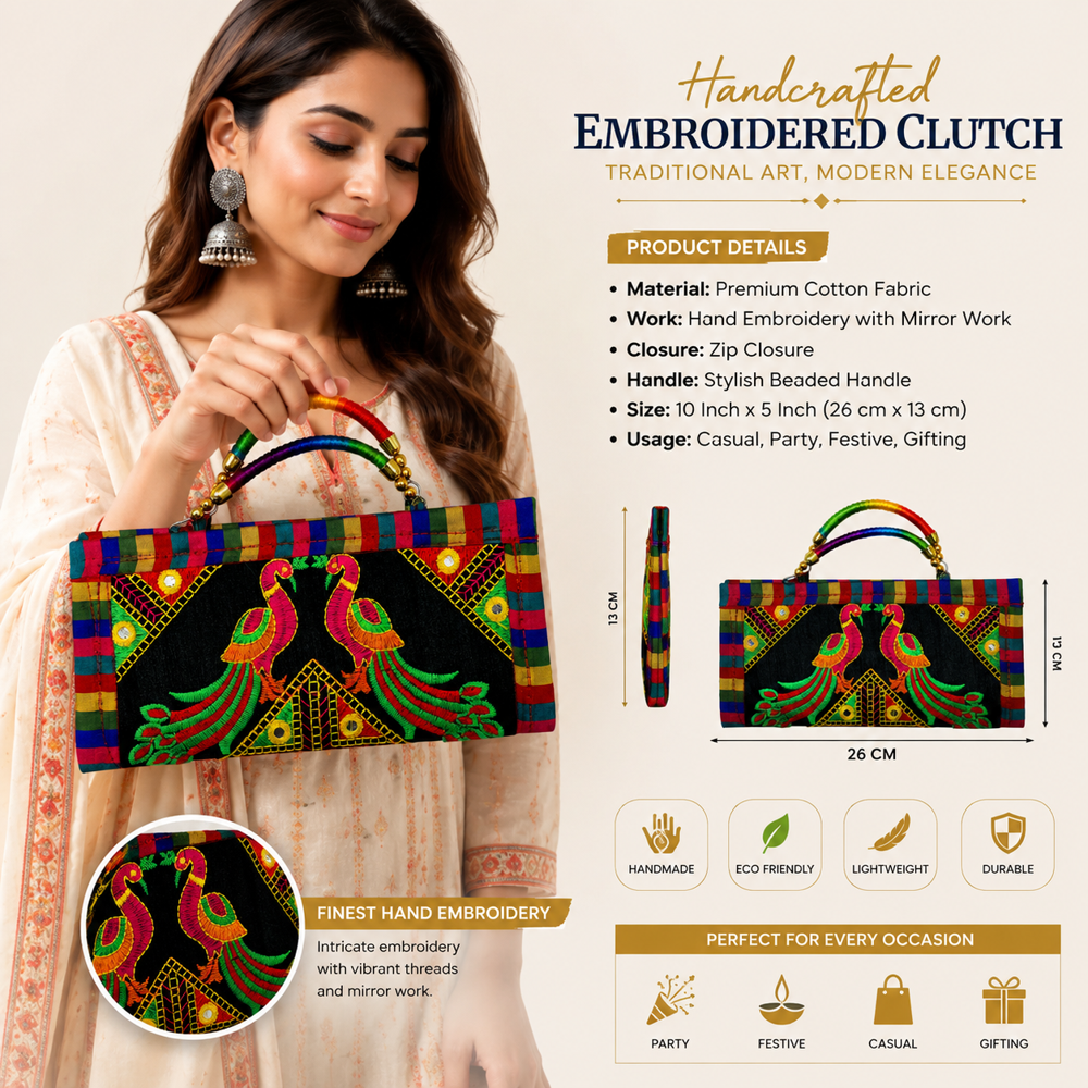 Ethnic Peacock Design Purse With Handle 24 - Color: Black