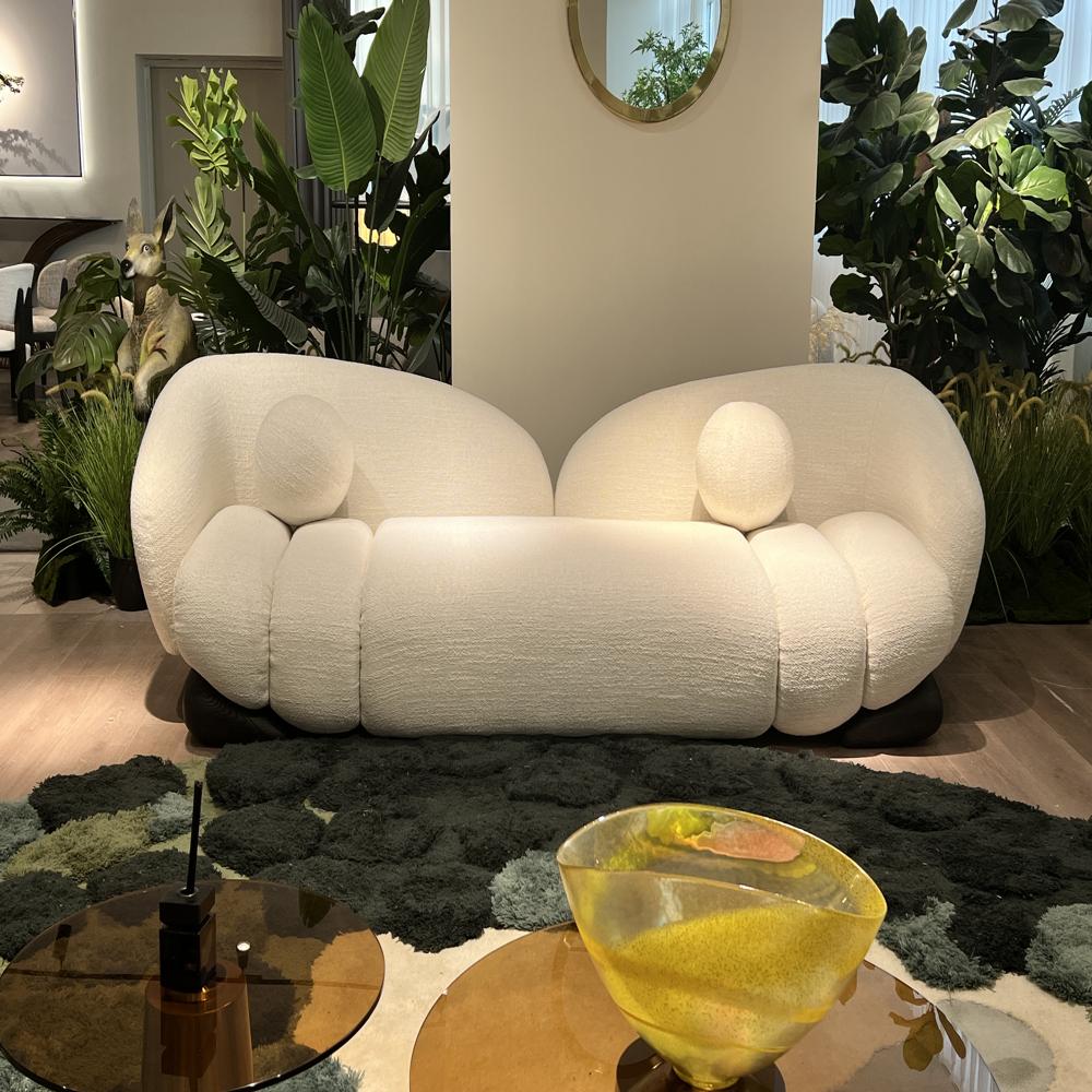 Modern Curved Bubble Boucle Sofa, Irregular Wavy Organic Shape Fabric Sofa with Round Ball Pillows for Luxury Living Room