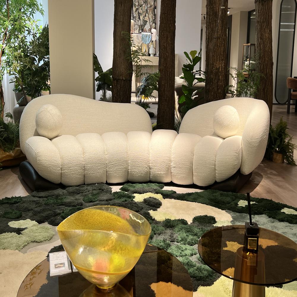 Modern Curved Bubble Boucle Sofa, Irregular Wavy Organic Shape Fabric Sofa with Round Ball Pillows for Luxury Living Room