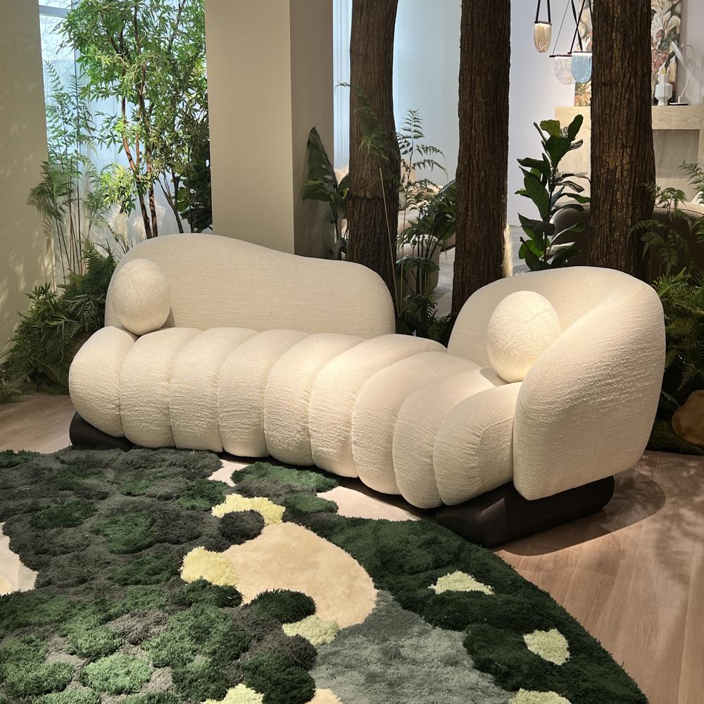 Modern Curved Bubble Boucle Sofa, Irregular Wavy Organic Shape Fabric Sofa with Round Ball Pillows for Luxury Living Room
