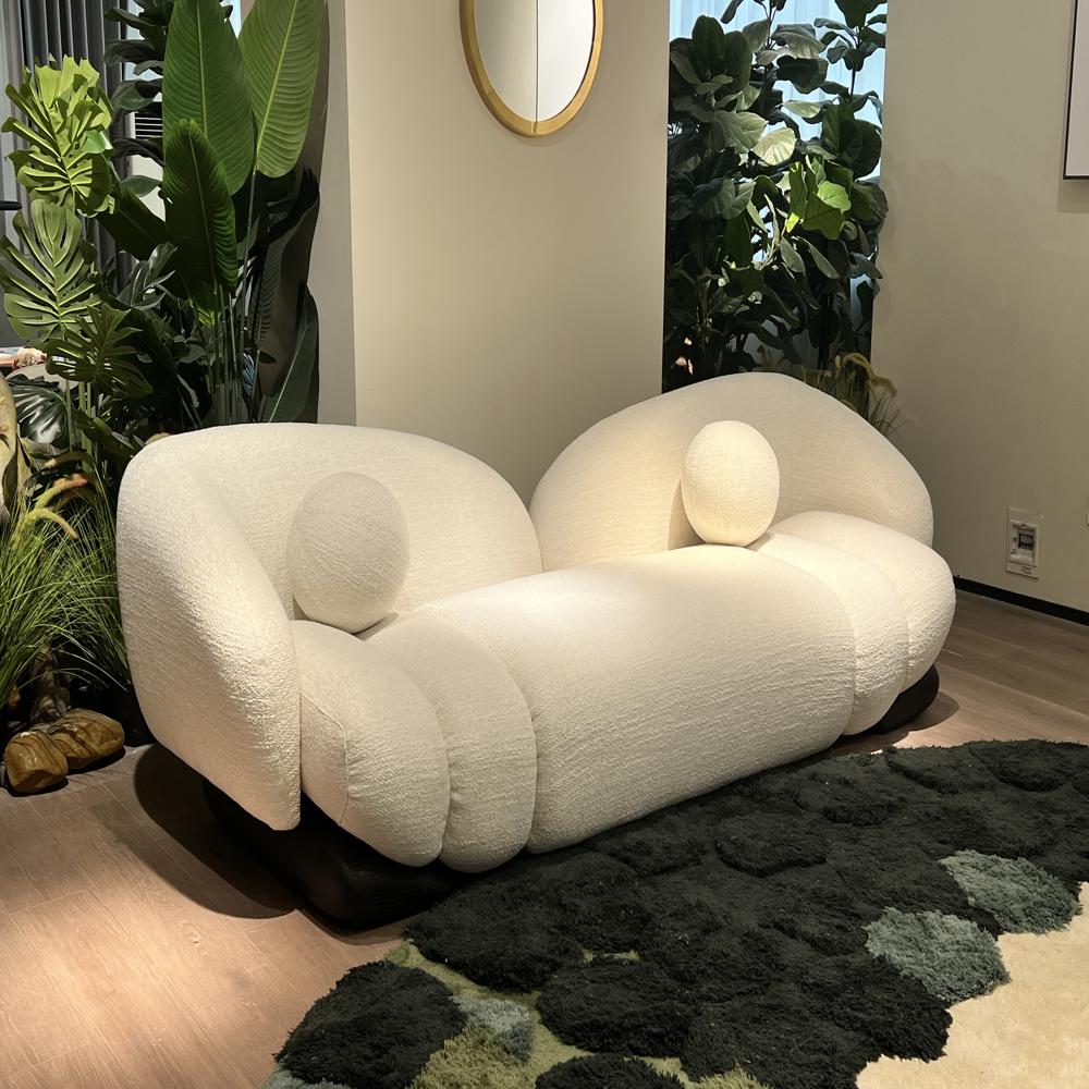 Modern Curved Bubble Boucle Sofa, Irregular Wavy Organic Shape Fabric Sofa with Round Ball Pillows for Luxury Living Room