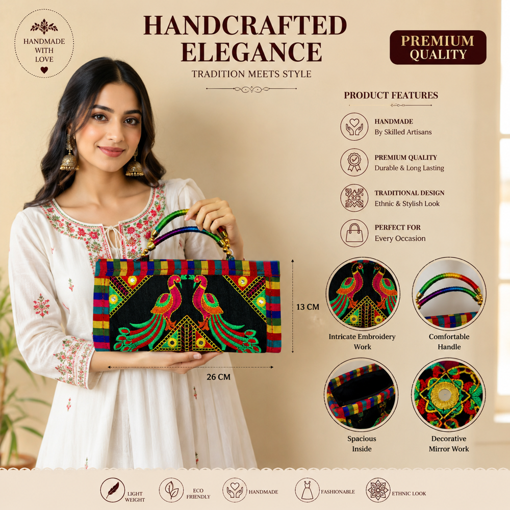 Designer Fabric Clutch With Embroidery Work 41 - Color: Black