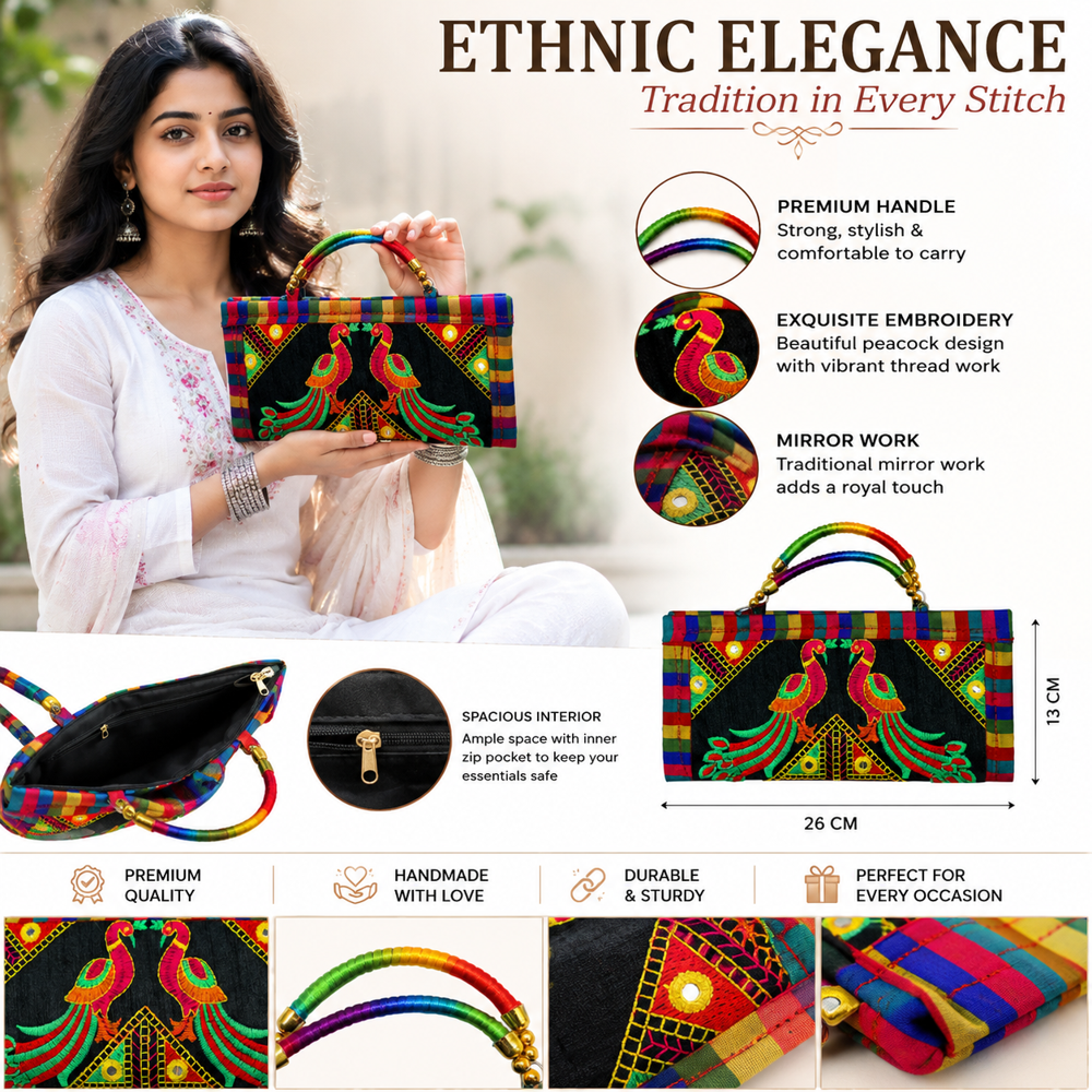 Ethnic Multicolor Peacock Design Wallet 43 - Color: Black