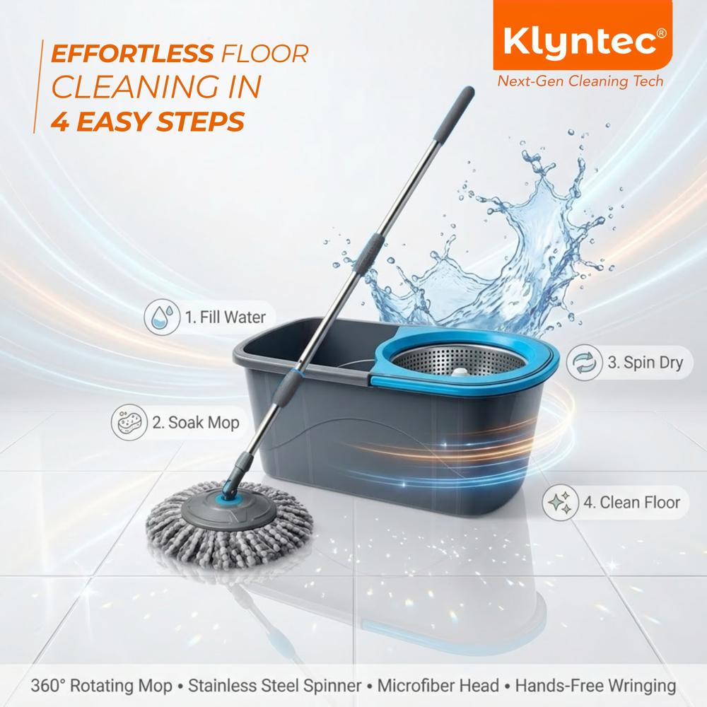 Klyntec Aqua 360 Rotation Spin Mop Bucket with Stainless Steel Wringer