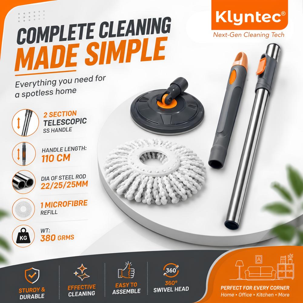Klyntec Stainless Steel Round Mop Stick with Microfiber Head