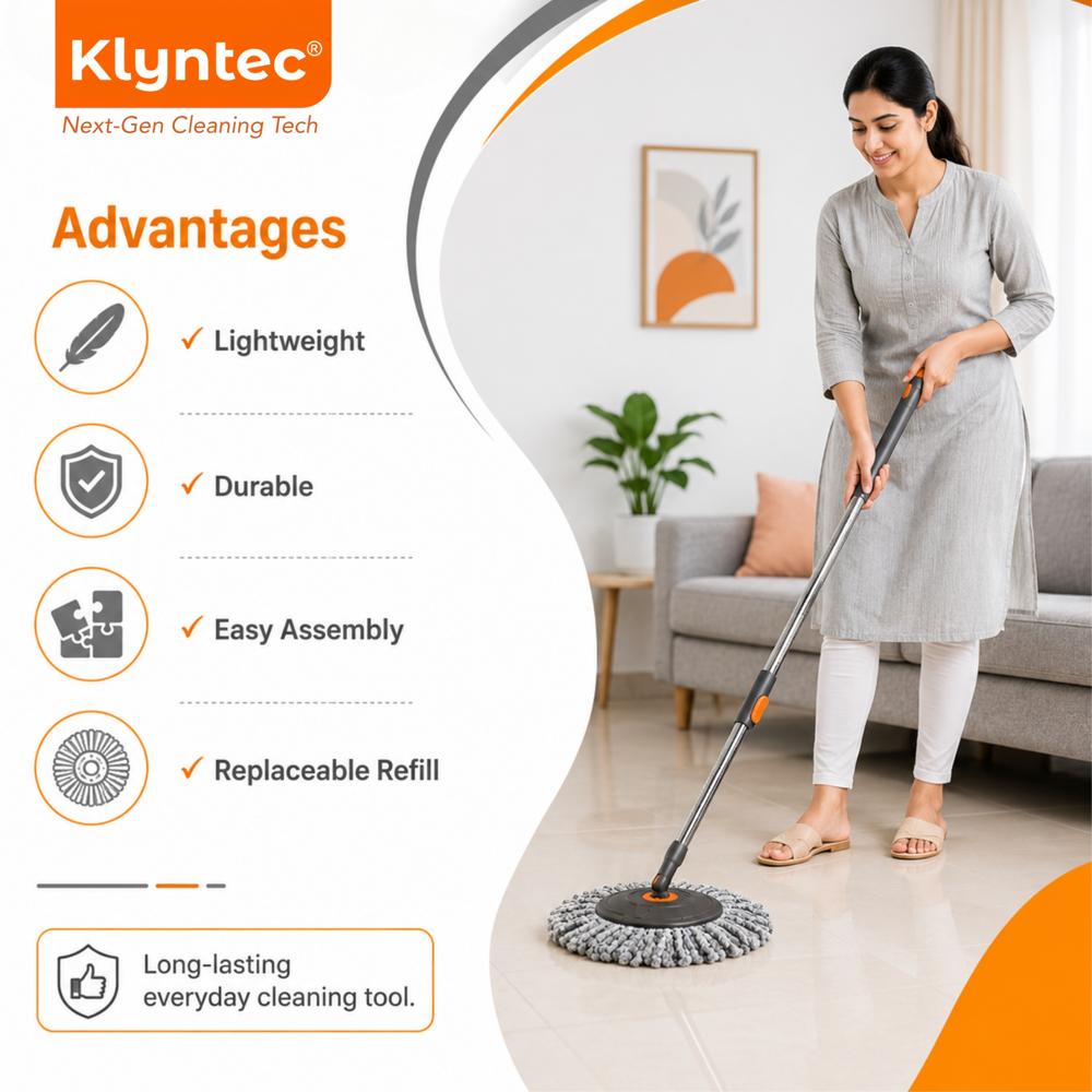 Klyntec Stainless Steel Round Mop Stick with Microfiber Head