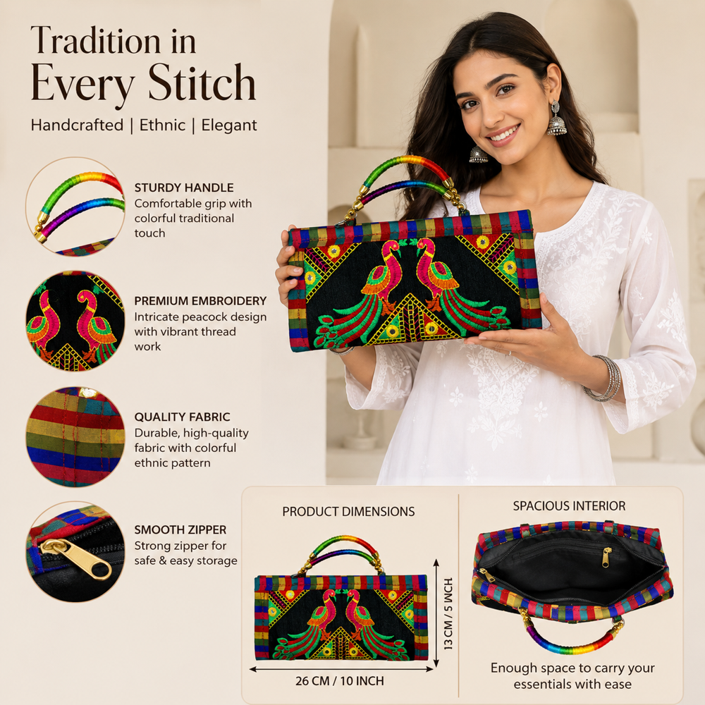 Designer Gujarati Embroidered Handbag 59 - Color: Black
