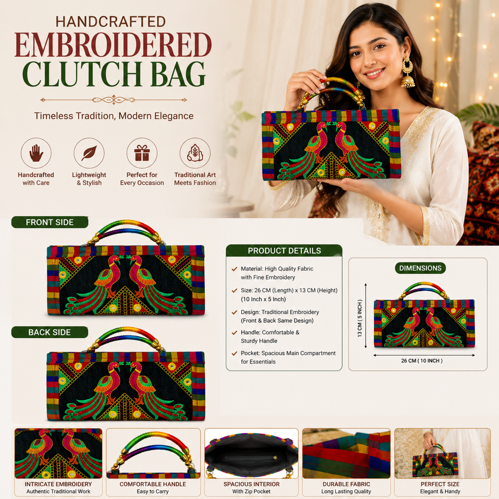 Ethnic Kutchi Work Designer Clutch 62 - Color: Black
