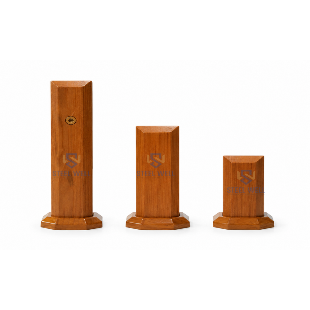 Aluminium Railing 4 Inch Spigot - Furniture-grade Hardwood, 4 Inch Height, Natural Wood Brown | Hexagonal Base, Polished Finish, Rod Support Up To 1 Inch