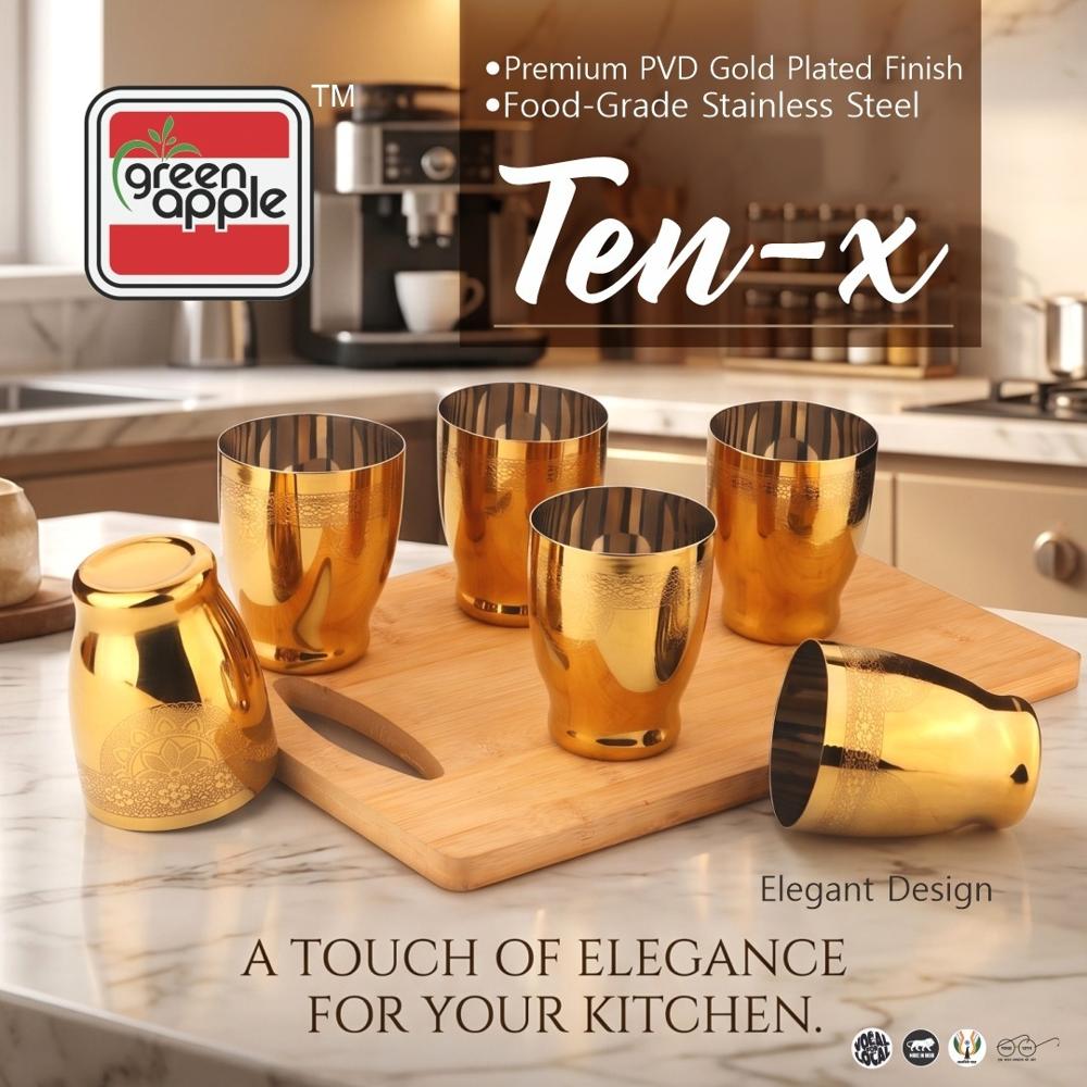 Premium Ten-X PVD Gold Plated Stainless Steel Drinking Glasses with Etching (Itching) | Luxury Designer Tumblers by Green Apple | Wholesale