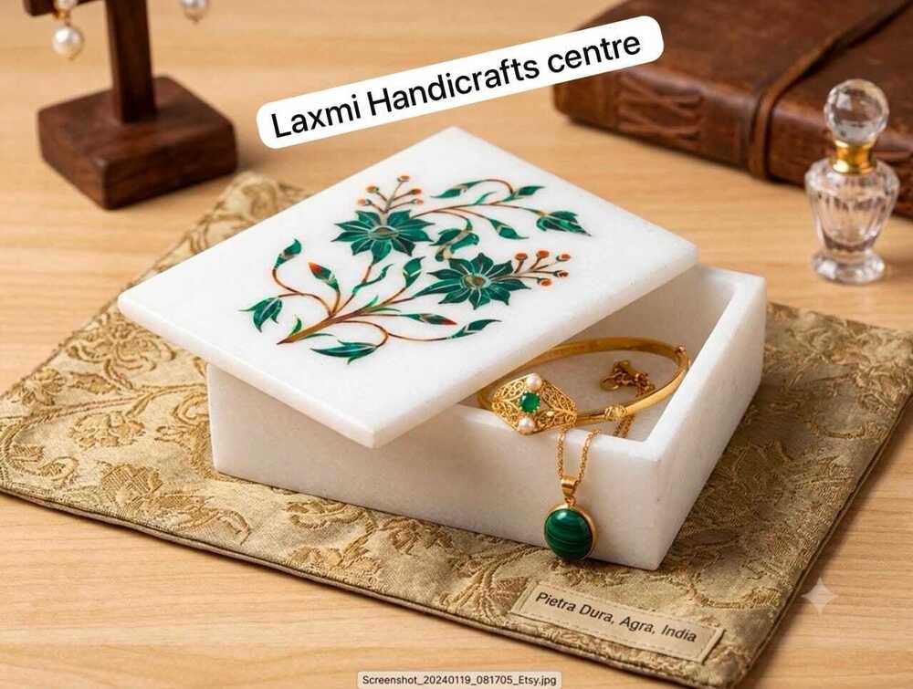 White Marble Malachite Inlay Jewelry Box