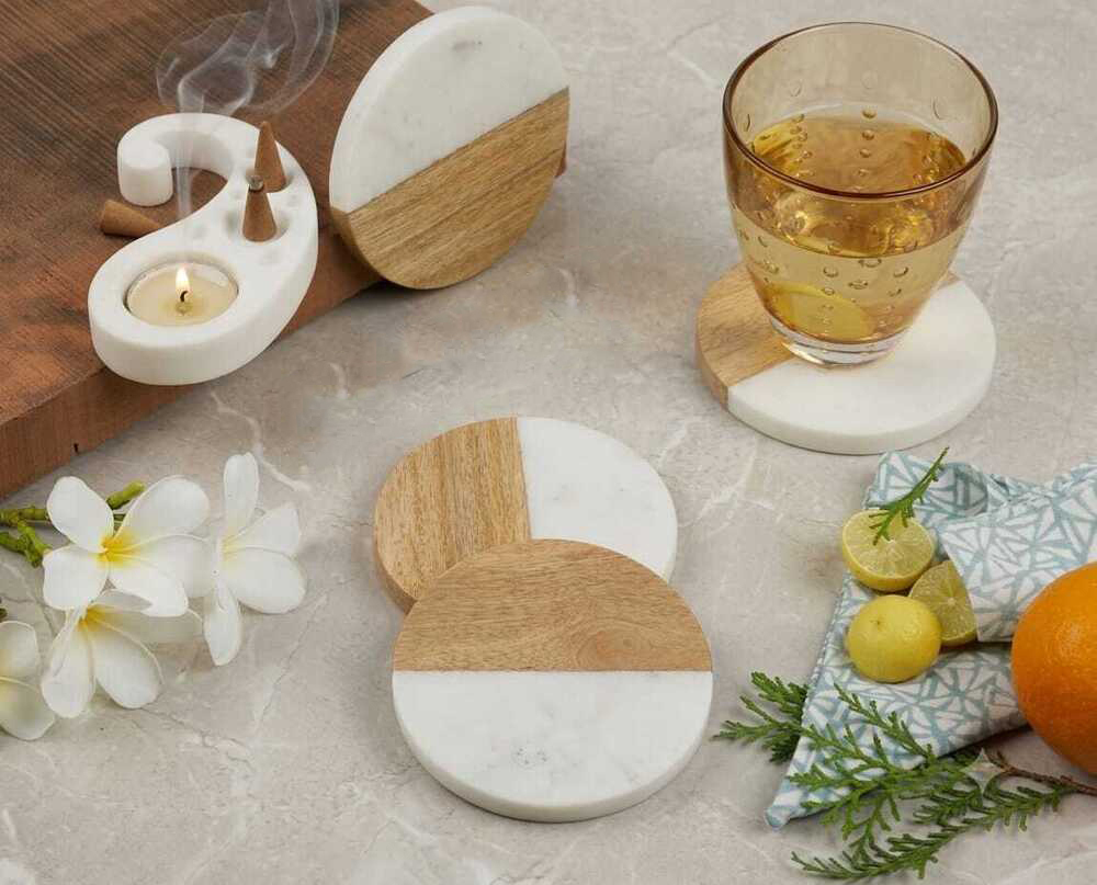 Marble & Wood Touch Coaster Set - Surface Finish: Smooth