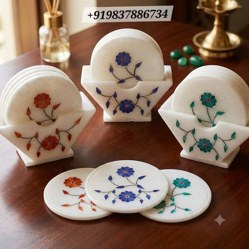 Marble Floral Inlay Decorative Coaster Set