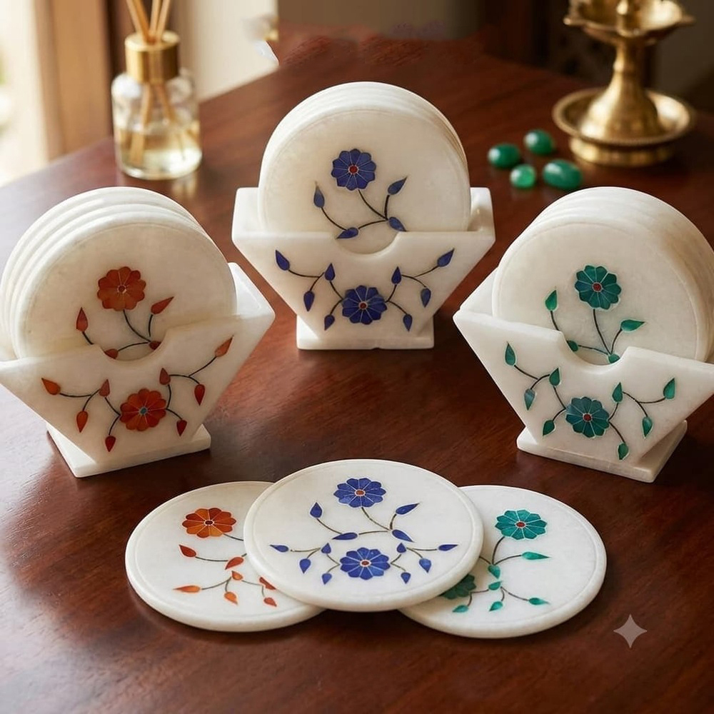 Marble Floral Inlay Decorative Coaster Set - Color: White Base With Red
