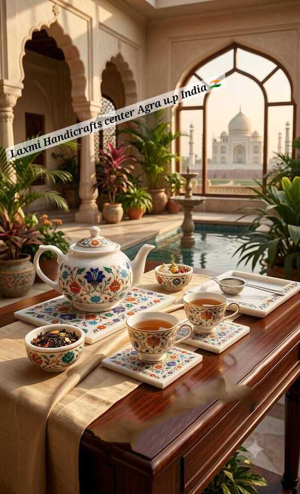 Marble Tea Set With Tray 9-Piece - Surface Finish: Glossy
