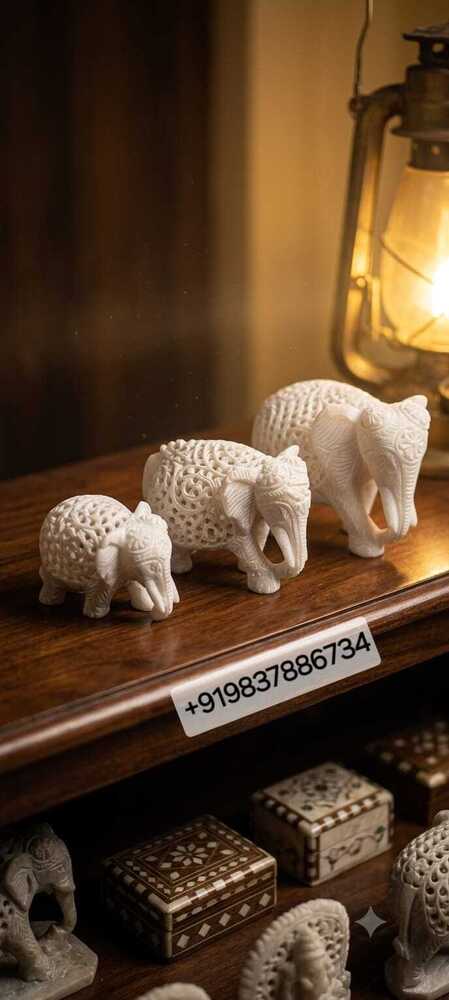 Marble Alabaster Triple-Cut Elephant Statue Set