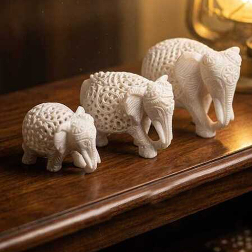 Marble Alabaster Triple-Cut Elephant Statue Set - Installation Type: Free-Standing/Tabletop
