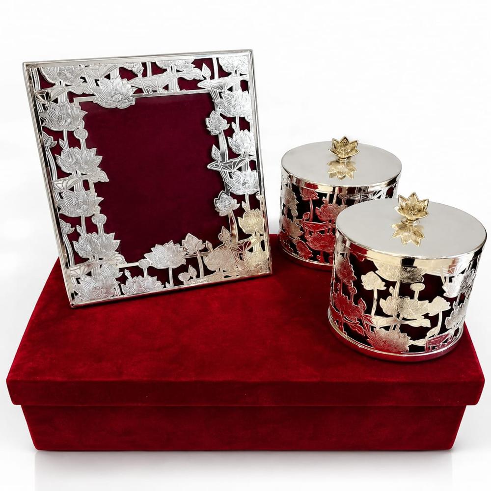 Silver Plated Lotus Photo Frame & Decorative Jar Gift Set With Velvet Box - Material: Metal