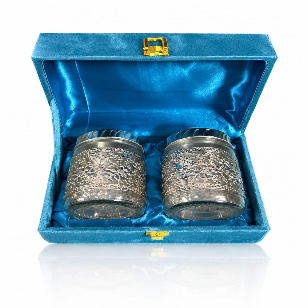 Silver Plated Glass Dry Fruit Jar Gift Set With Velvet Box - Shape: Round