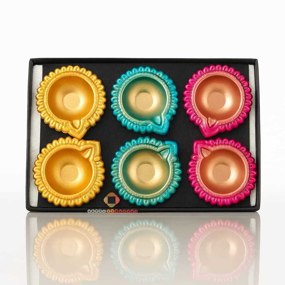 Premium Colorful Metal Diya Set of 6