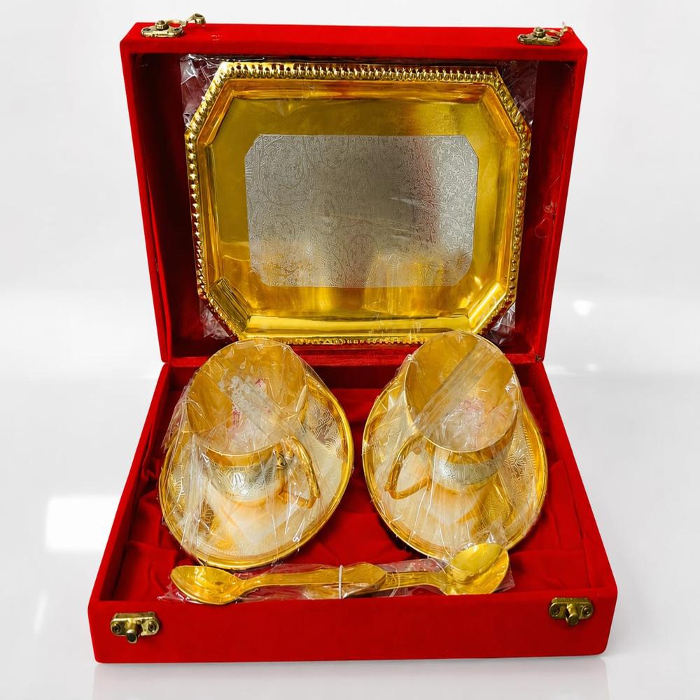 Gold Plated Tea Cup Gift Set With Serving Tray & Velvet Box 