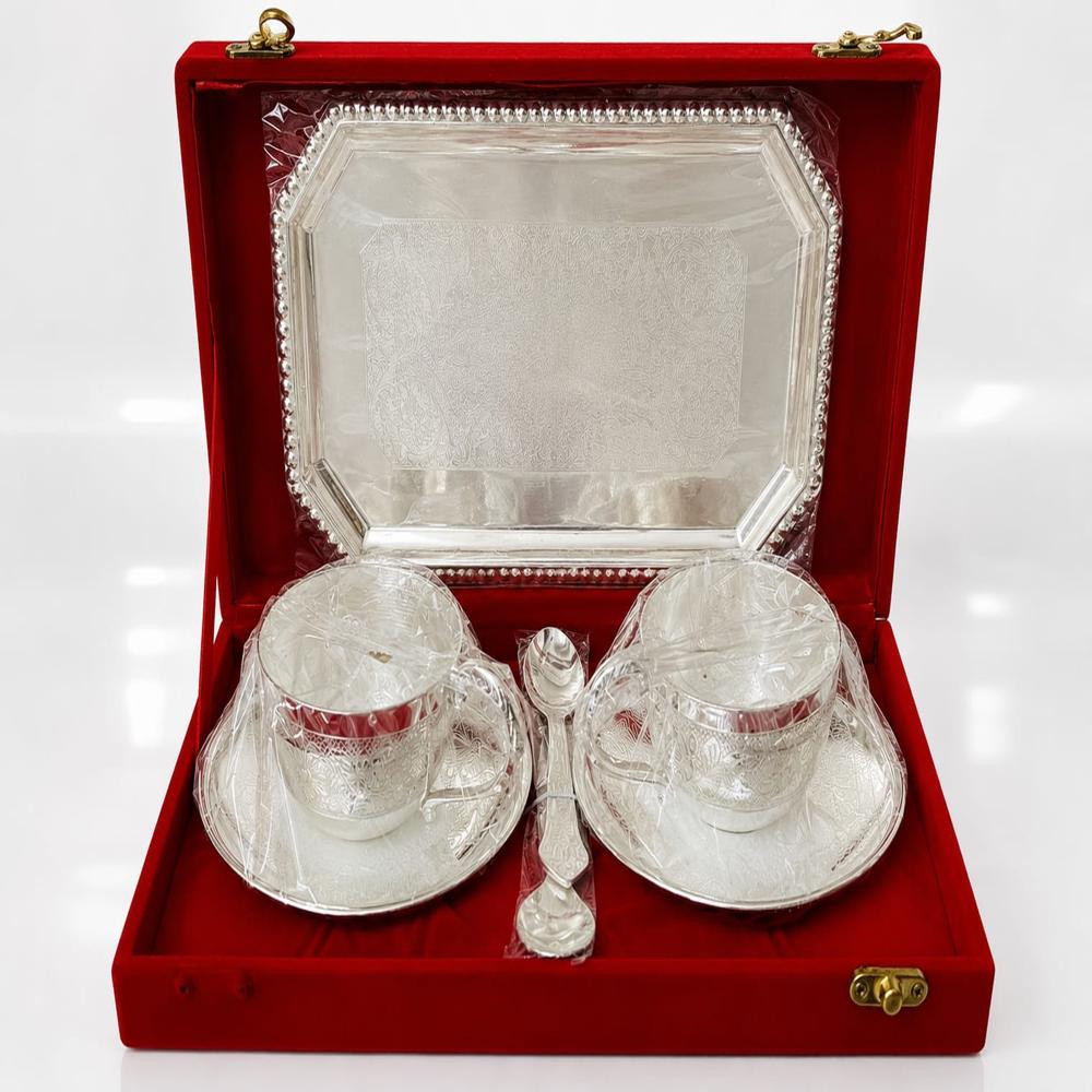 Silver Plated Tea Cup Gift Set With Serving Tray & Velvet Box 