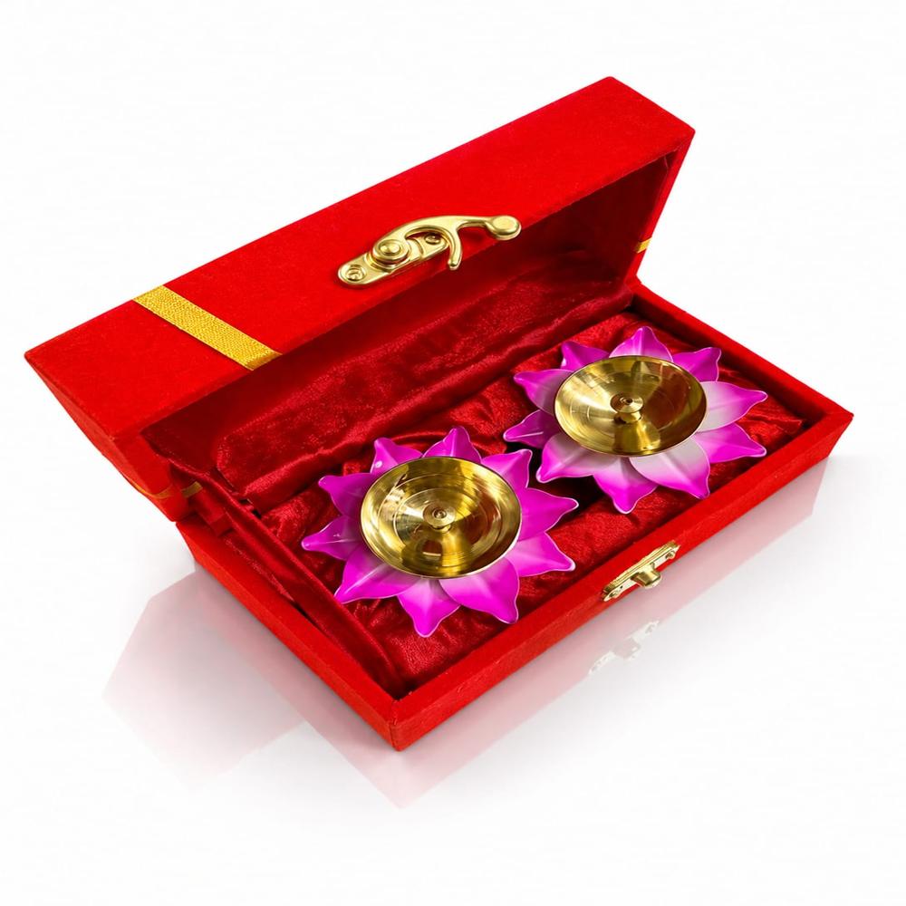 Lotus Diya Gift Set Of 2 With Velvet Box - Application: Home D Cor
