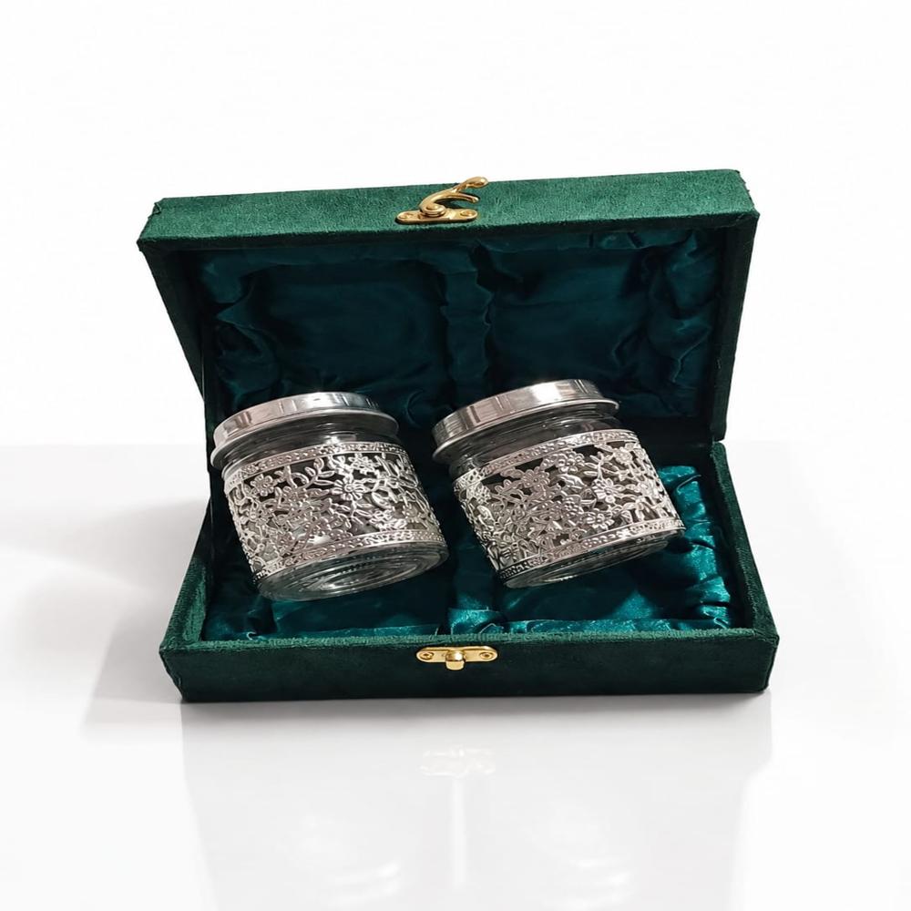 Luxury Silver  Plated Glass Storage Jar Set of 2 With Floral Design
