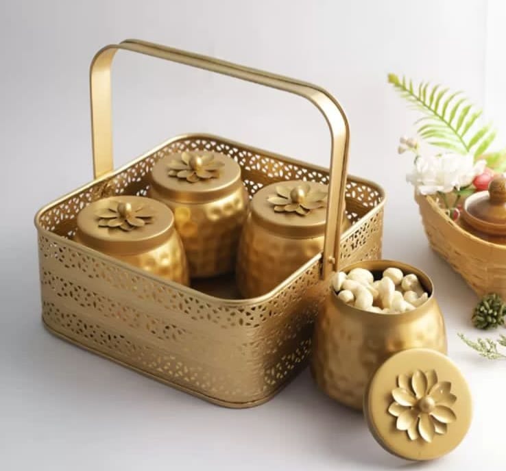 Luxury Gloden Jar Set With Decorative Storage Basket - 4 Piece - Application: Home D Cor