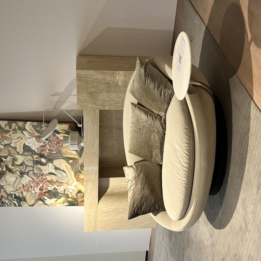 Modern Round Swivel Lounge Chair with Attached Marble Side Table, Curved Fabric Circular Accent Sofa for Living Room