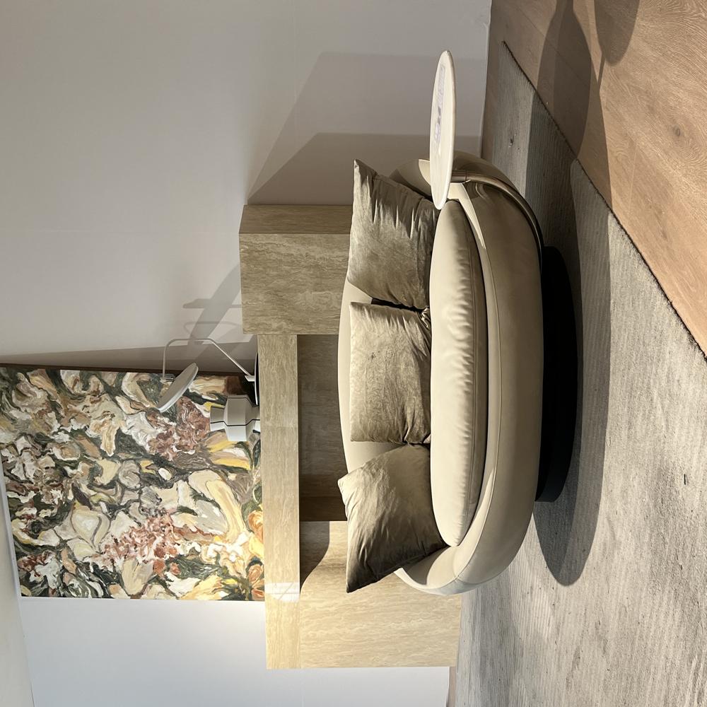 Modern Round Swivel Lounge Chair with Attached Marble Side Table, Curved Fabric Circular Accent Sofa for Living Room