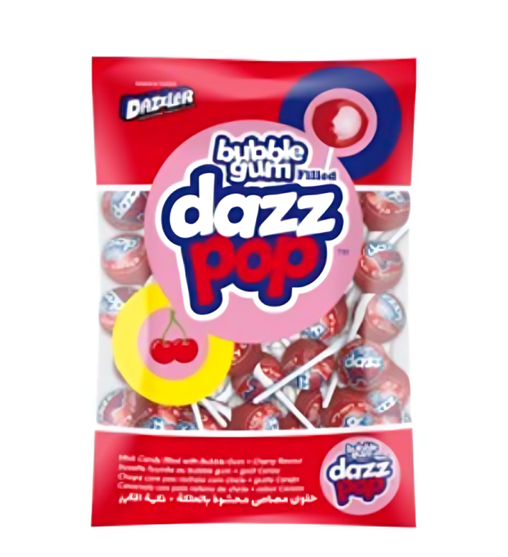 Dazz Pop Cherry Hard Boiled Candy Lollipop with Chewing Gum Filling