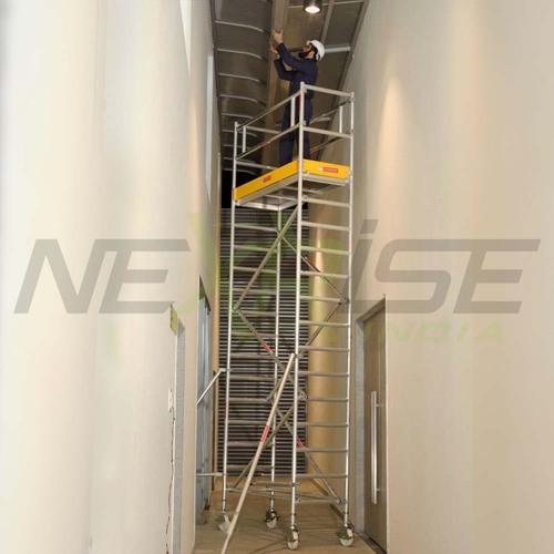 Single Width Aluminum Scaffolding Tower - 15 Ft Height, 3 Mm Thickness | Adjustable Castors With Lockable Brakes, Non-slip Plywood Platform, Quick Release Braces