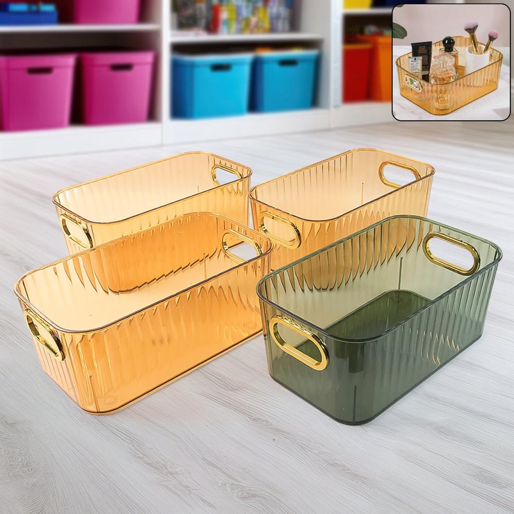 Premium Ribbed Transparent Storage Basket With Gold Handle 25X14 Cm 4 Pc - Application: As Per Product Requirement