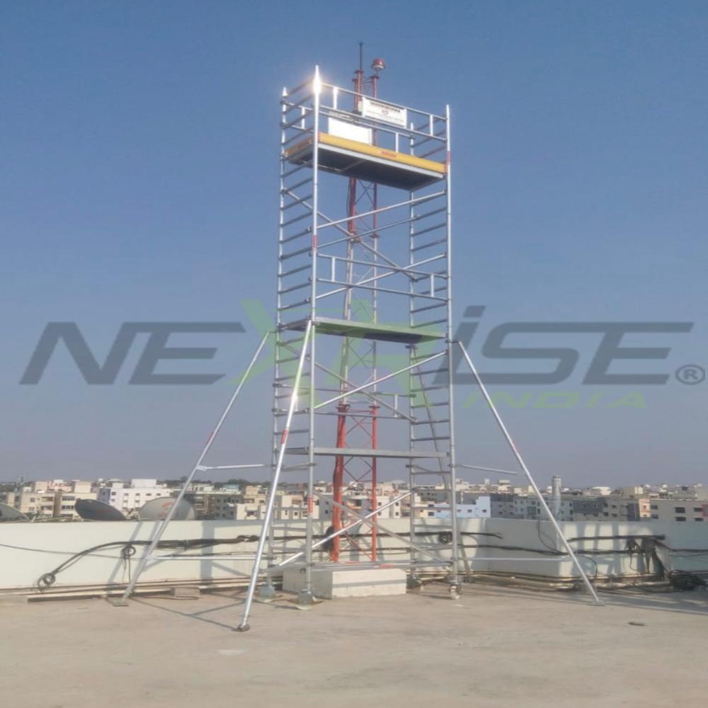 Single Width Aluminum Scaffolding Tower - 15 Ft Height, 3 Mm Thickness | Adjustable Castors With Lockable Brakes, Non-slip Plywood Platform, Quick Release Braces