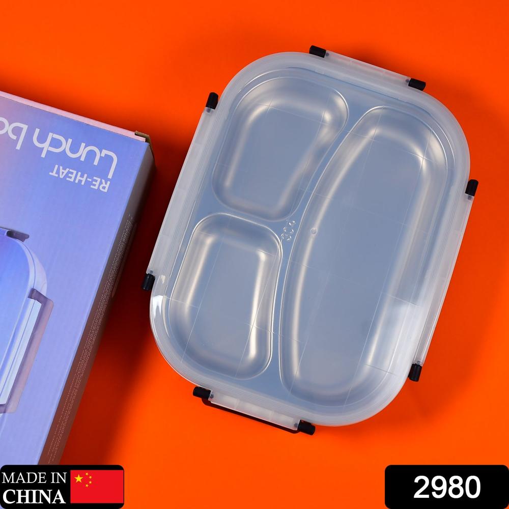 White Transparent Lunch Box Stainless Steel with 3 Compartments for Kids & Adults