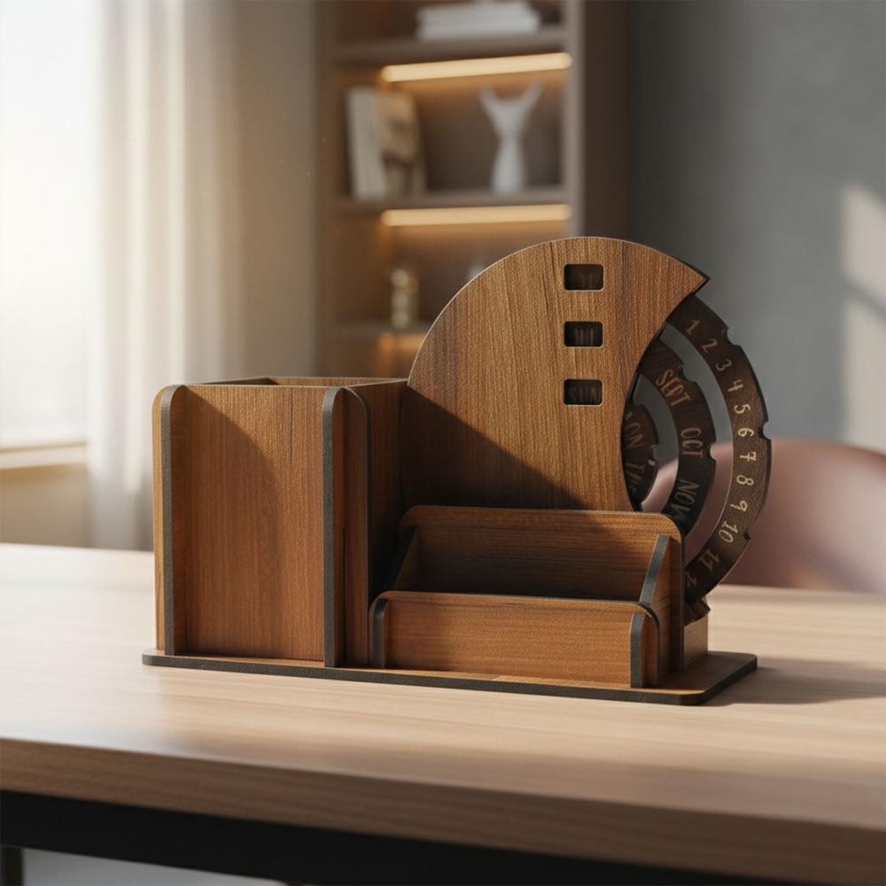 Wooden Desk Organizer Pen Stand With Rotating Calendar Wheel (1 Pc) - Application: As Per Product Requirement