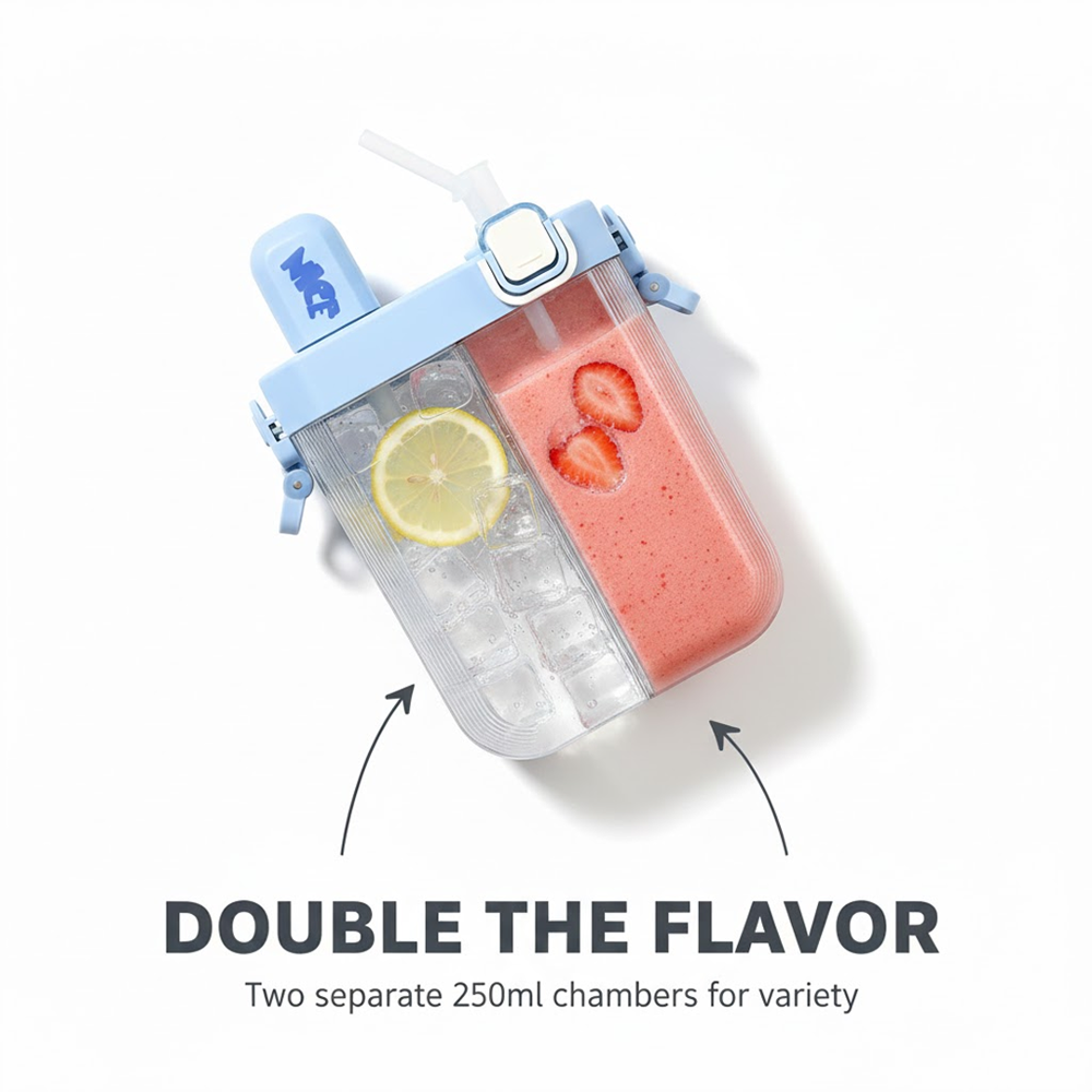 2in1 Dual Compartment Water Bottle with Straw & Adjustable Shoulder Straps (1 Pc/Multi color)